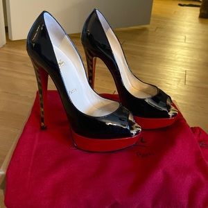 CHRISTIAN LOUBOUTIN Lady Peep 150 Patent Leather/ Leopard Pump. WORN ONCE